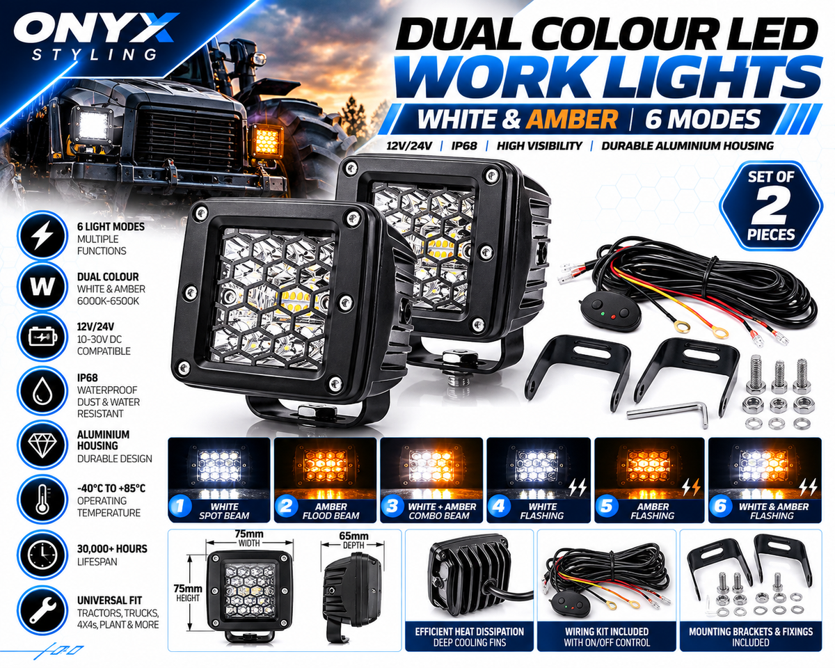 Dual Colour LED Work Lights – White & Amber 6-Mode Spotlights | 12V/24V IP68 | Pair