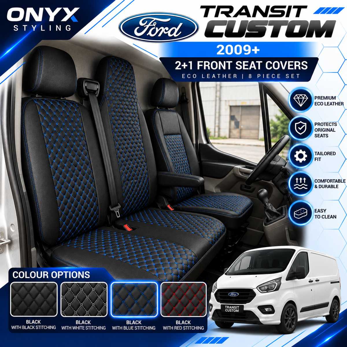 Ford Transit Custom (2012+) Luxury Quilted Eco-Leather Seat Covers – 2+1 Front Seats | 8-Piece Set