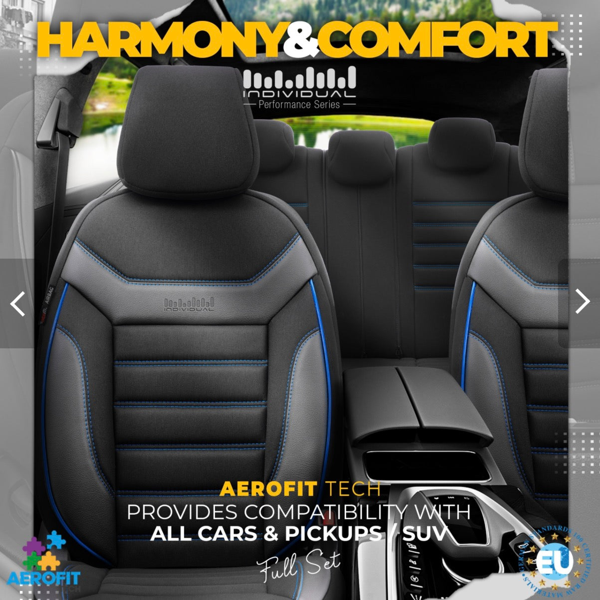 Premium Universal Seat Covers – Full Set Front & Rear – 7-Layer Comfort – Airbag Compatible black with blue stitch