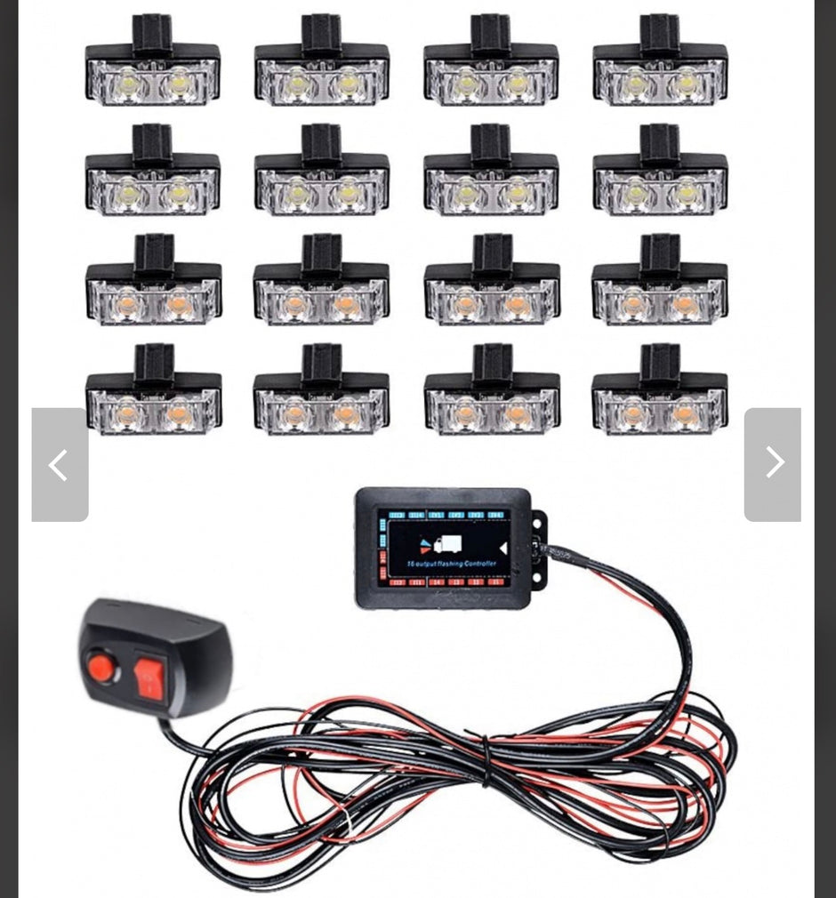 16 Piece LED Amber Strobe Light Kit with Controller – Emergency Flashing Lights 12V Universal Fit