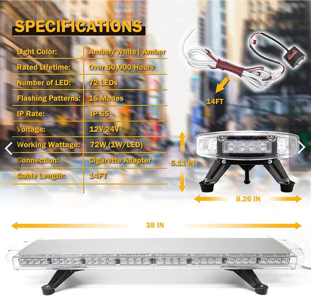 96.5cm LED Emergency Light Bar 12V/24V Amber Beacon – 15 Modes, Magnetic Roof Mount, E9 Approved