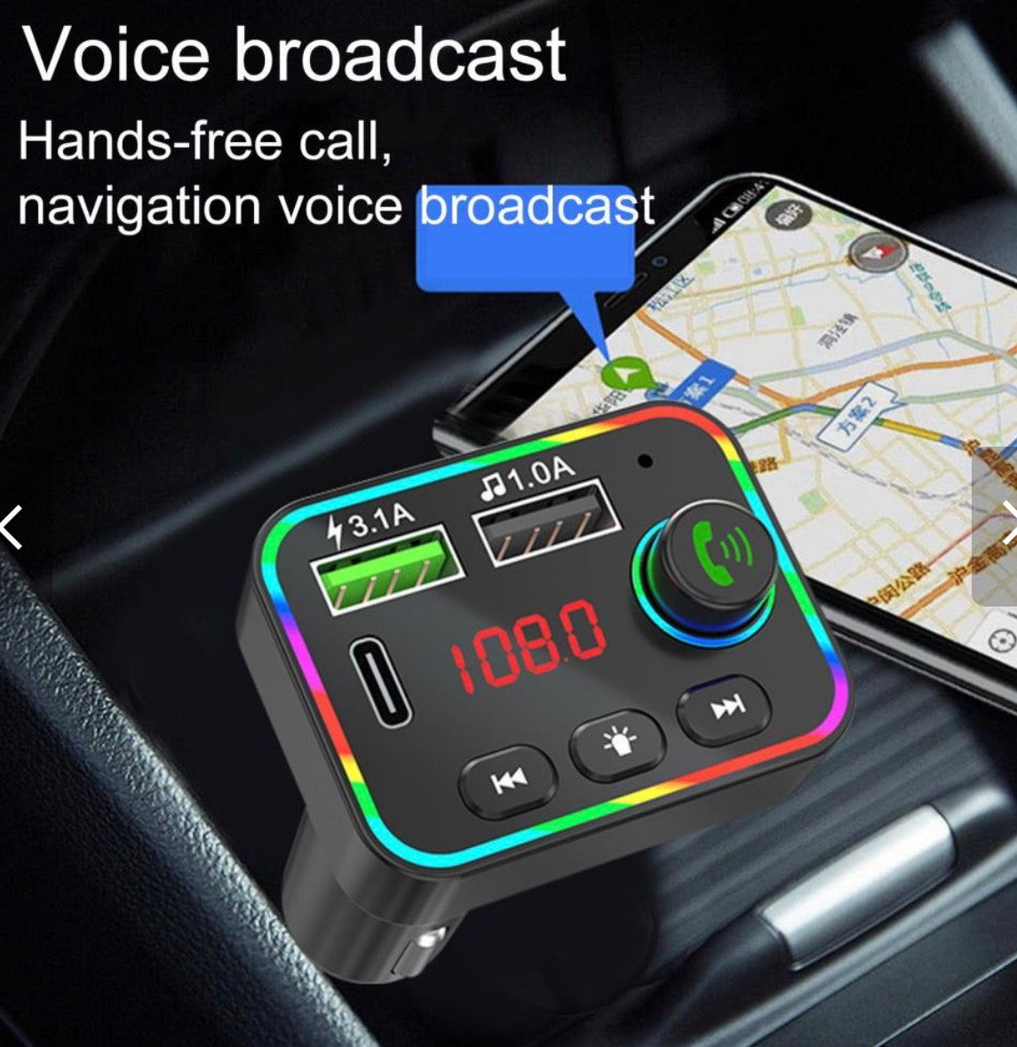Bluetooth FM Transmitter HZ-BT-F4 – 12-24V Car Kit, Dual USB Charger 3.1A, RGB Backlight, Hands-Free Calling, 87.5–108MHz