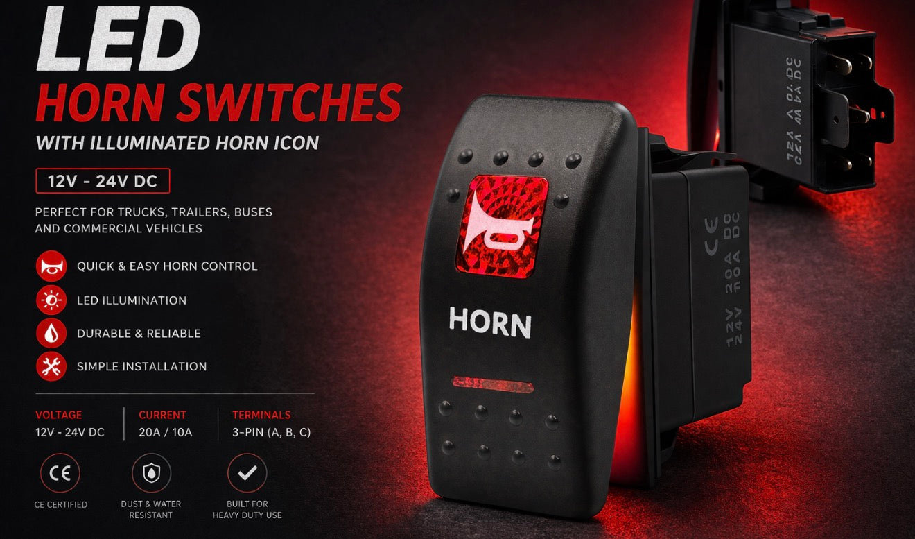 12-24V LED Horn Switch ON/OFF Button – Red Backlit, 5 Pin Universal Rocker Switch C00509