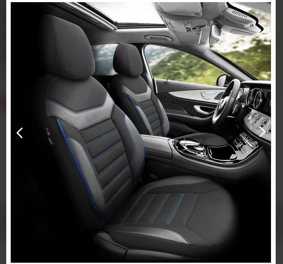 Premium Universal Seat Covers – Full Set Front & Rear – 7-Layer Comfort – Airbag Compatible black with blue stitch
