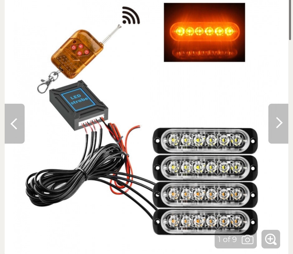 4x LED Emergency Strobe Light Kit with Wireless Remote – 12V/24V Amber Flash Modules