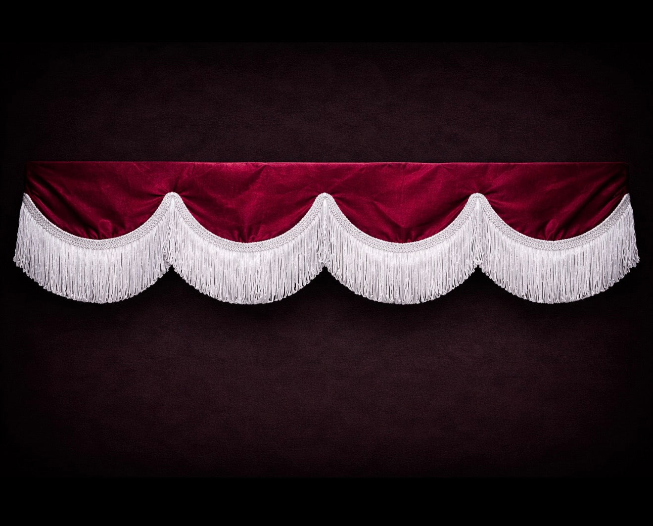 12cm PELMET ALCANTARA new RED (MAROON) with white fringes & Velcro