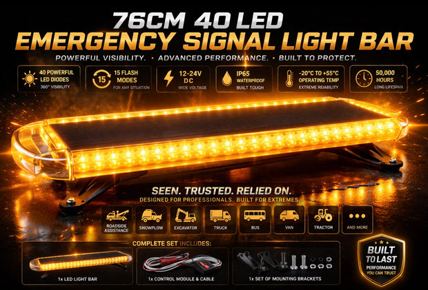 76cm Amber LED Warning Light Bar – 40 LED Emergency Beacon, 12-24V, 15 Flash Modes, IP65 Waterproof, 360° Visibility
