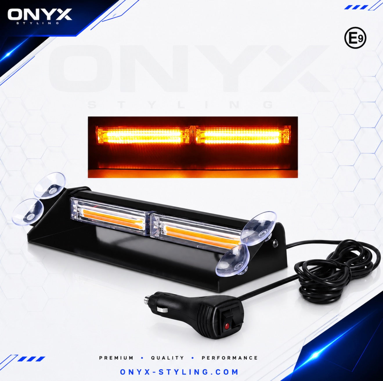 12V–24V Amber LED Emergency Strobe Light Bar with Stand – 19 Flash Modes, Plug & Play HAL282