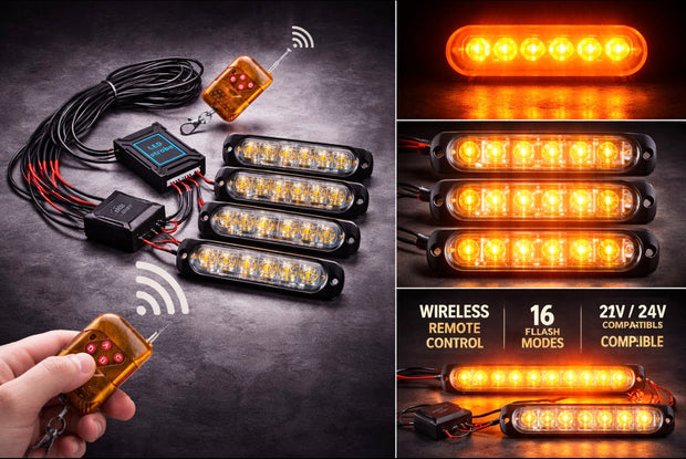 4x LED Emergency Strobe Light Kit with Wireless Remote – 12V/24V Amber Flash Modules