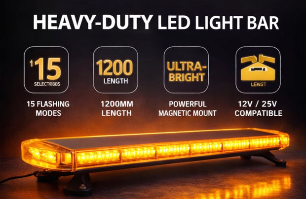 1200mm LED Emergency Light Bar 12V/24V – 88 LED Amber Warning Beacon with 15 Flash Modes