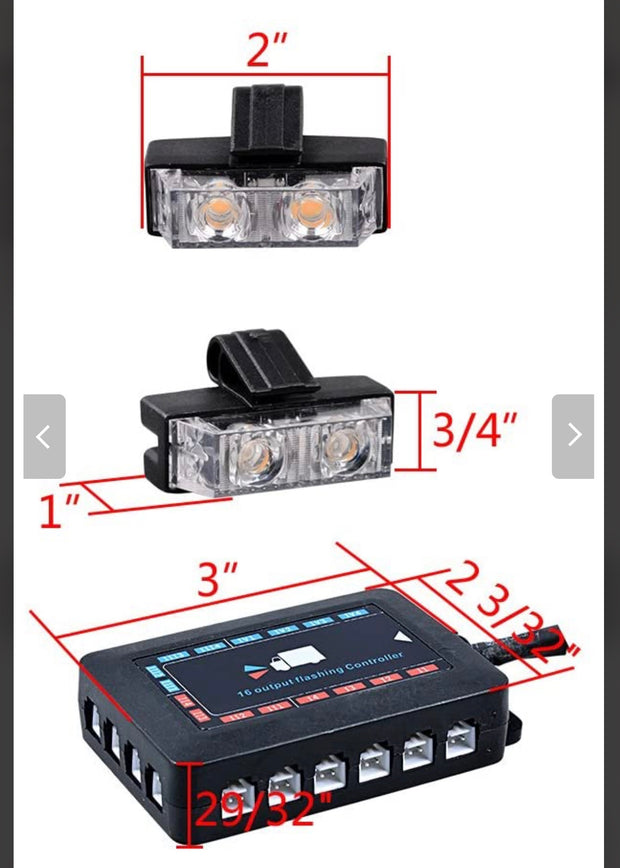 16 Piece LED Amber Strobe Light Kit with Controller – Emergency Flashing Lights 12V Universal Fit