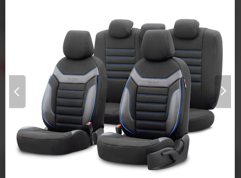 Premium Universal Seat Covers – Full Set Front & Rear – 7-Layer Comfort – Airbag Compatible black with blue stitch