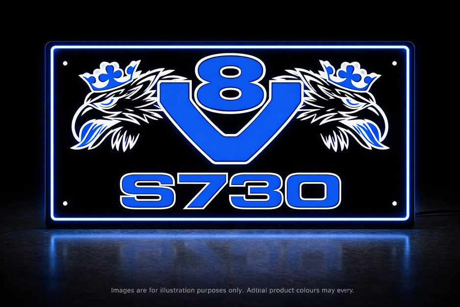 STYLE 8 SCANIA S730 V8 2 COLOUR LED PLEXI BOARD WITH GLOSS BLACK FRAME