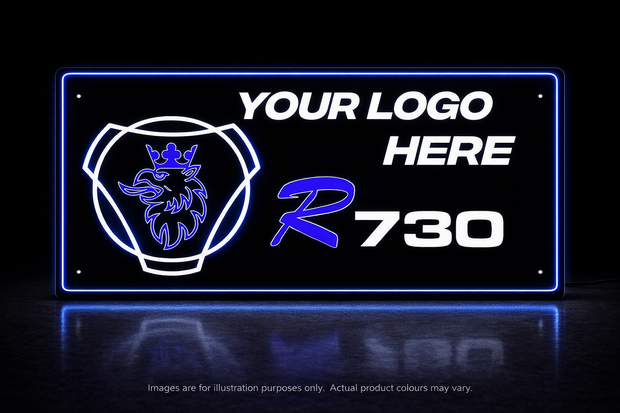 STYLE 13 SCANIA R730 TWIN COLOUR PERSONLISED LOGO CHANGE ANY TEXT OR LOGOS 24 Colour Changing Panel