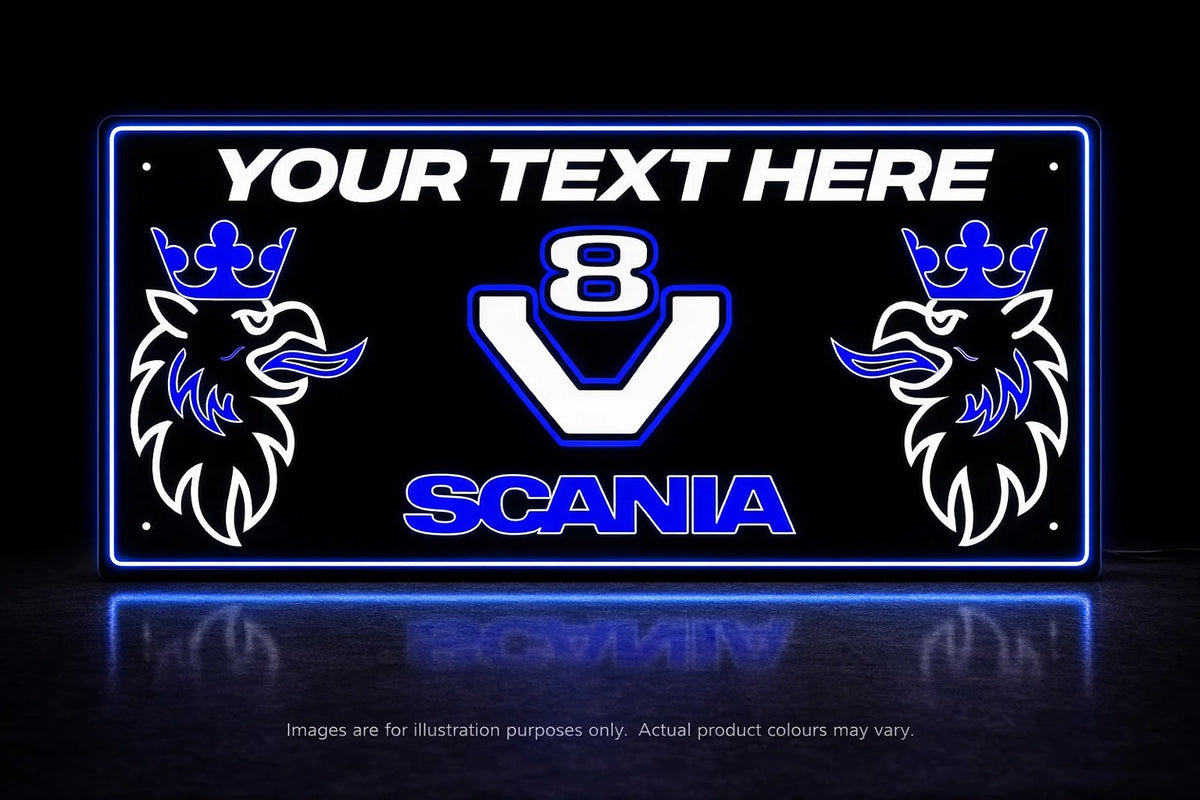 STYLE 14 SCANIA V8 TWIN COLOUR LED PLEXI BOARD WITH GLOSS BLACK FRAME Colour Changing Panel