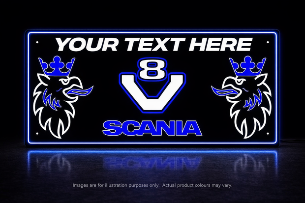 STYLE 14 SCANIA V8 TWIN COLOUR LED PLEXI BOARD WITH GLOSS BLACK FRAME4 Colour Changing Panel