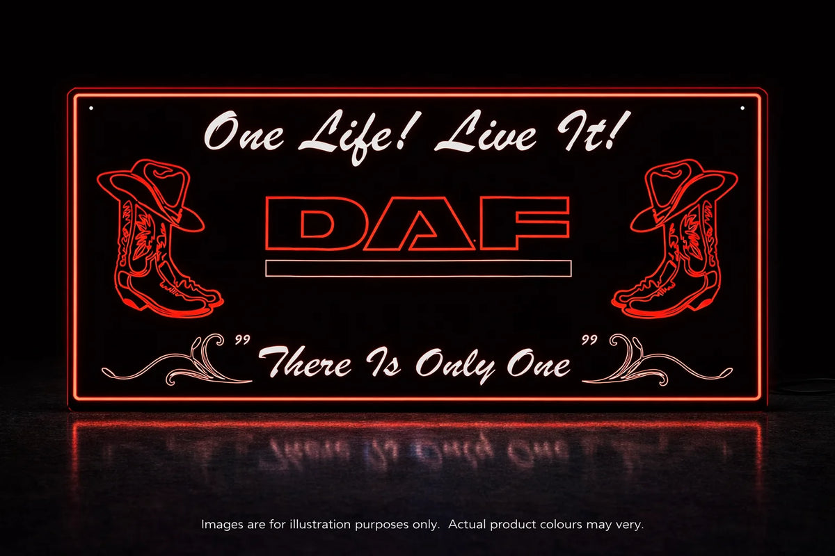 STYLE 22 DAF PERSONALISED OUTLINE TEXT LED LIGHT TRUCK BOARD 2 COLOUR PANEL RGB ONE LIFE LIVE IT