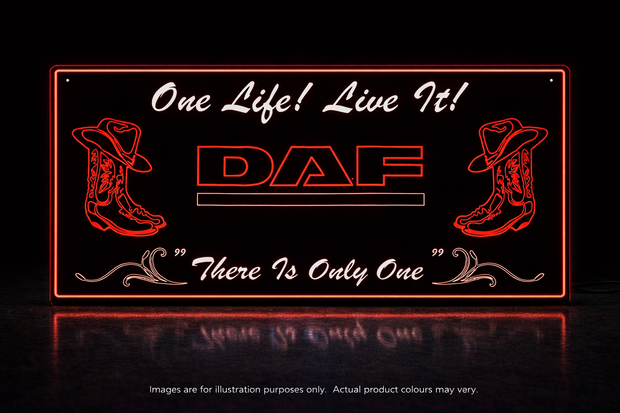 STYLE 22 DAF PERSONALISED OUTLINE TEXT LED LIGHT TRUCK BOARD 2 COLOUR PANEL RGB ONE LIFE LIVE IT