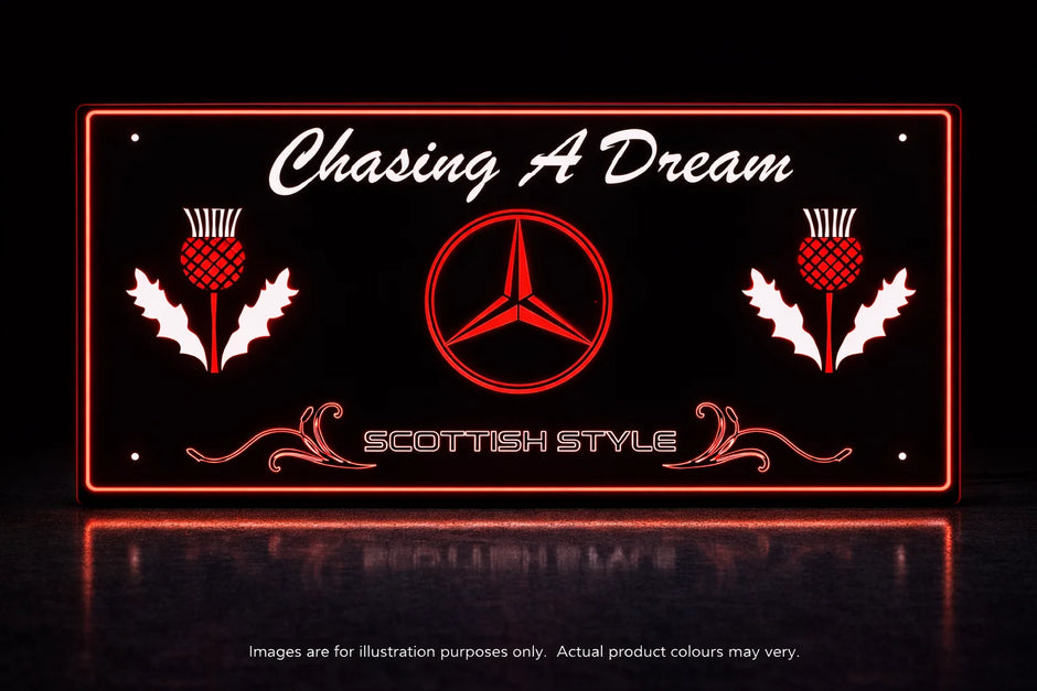 STYLE 24 CHASING A DREAM SCOTTISH STYLE TWIN COLOUR LED PLEXI SIGN TRUCK BOARD PERSONALISE LOGO
