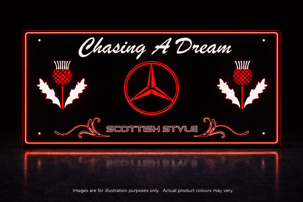 STYLE 24 CHASING A DREAM SCOTTISH STYLE TWIN COLOUR LED PLEXI SIGN TRUCK BOARD PERSONALISE LOGO