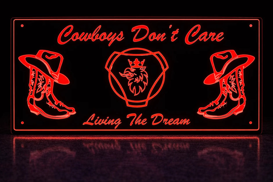STYLE 12 SCANIA COW BOYS DONT CARE RGB COLOUR LED PLEXI BOARD WITH GLOSS BLACK FRAME