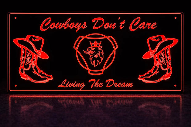 STYLE 12 SCANIA COW BOYS DONT CARE RGB COLOUR LED PLEXI BOARD WITH GLOSS BLACK FRAME