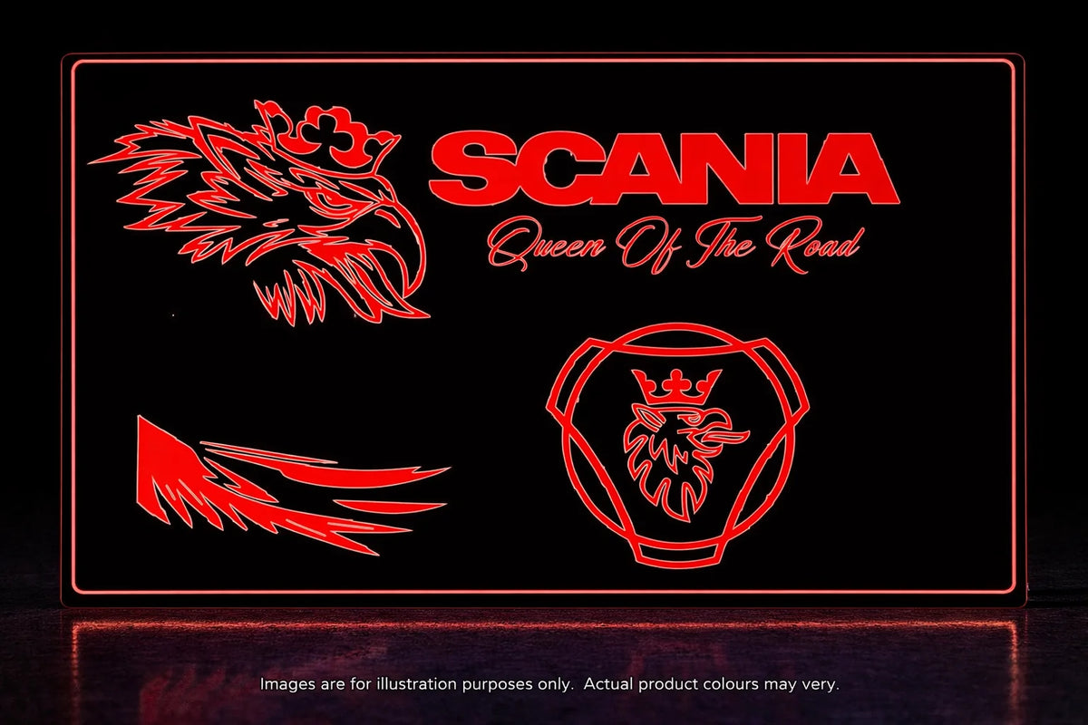 STYLE 6 SCANIA QUEEN OF THE ROAD MULTIPLE COLOUR LED PLEXI BOARD WITH GLOSS BLACK FRAME