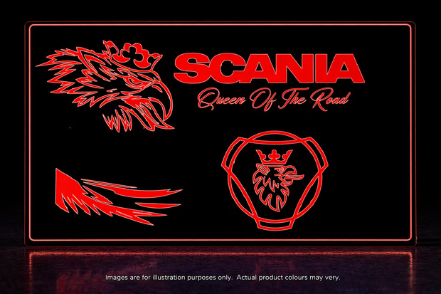 STYLE 6 SCANIA QUEEN OF THE ROAD MULTIPLE COLOUR LED PLEXI BOARD WITH GLOSS BLACK FRAME