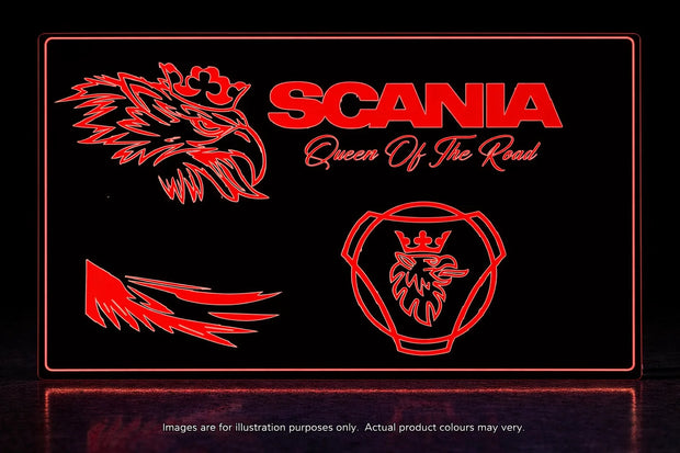 STYLE 6 SCANIA QUEEN OF THE ROAD MULTIPLE COLOUR LED PLEXI BOARD WITH GLOSS BLACK FRAME