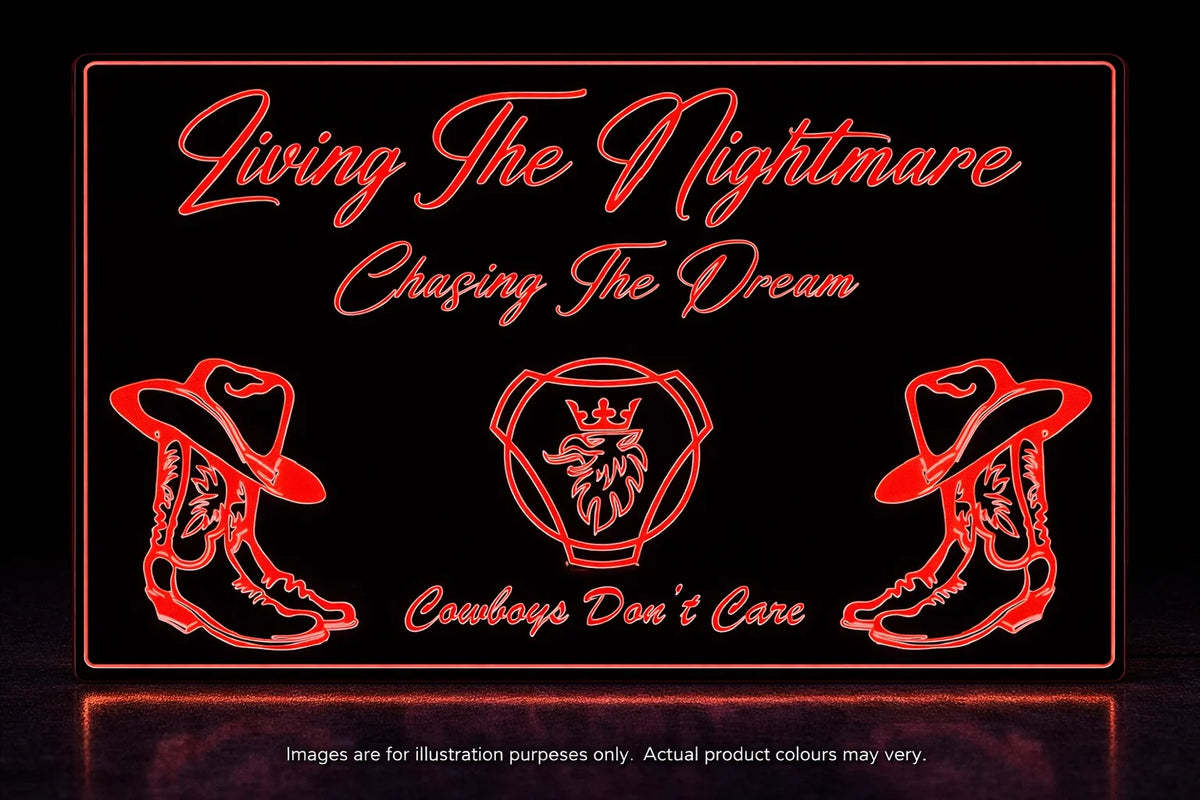 STYLE 2 SCANIA LIVING THE NIGHTMARE CHASING THE DREAM RGB COLOUR LED PLEXI BOARD WITH GLOSS BLACK FRAME