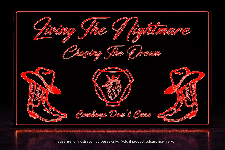 STYLE 2 SCANIA LIVING THE NIGHTMARE CHASING THE DREAM RGB COLOUR LED PLEXI BOARD WITH GLOSS BLACK FRAME