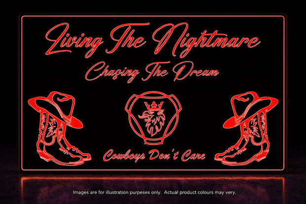 STYLE 2 SCANIA LIVING THE NIGHTMARE CHASING THE DREAM RGB COLOUR LED PLEXI BOARD WITH GLOSS BLACK FRAME