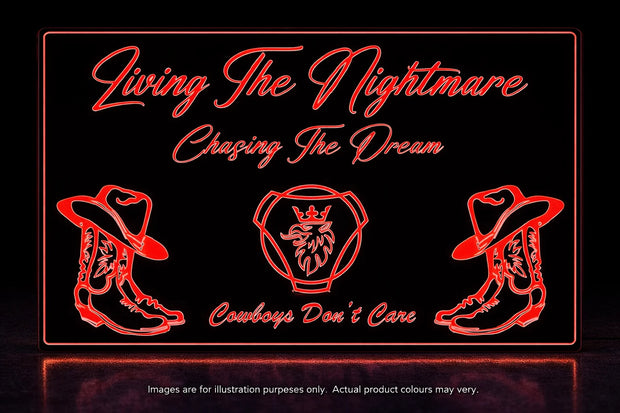 STYLE 2 SCANIA LIVING THE NIGHTMARE CHASING THE DREAM RGB COLOUR LED PLEXI BOARD WITH GLOSS BLACK FRAME