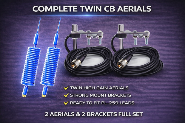 TWIN 2ft CB Antenna Spring Aerial Offer - With Cable Brackets