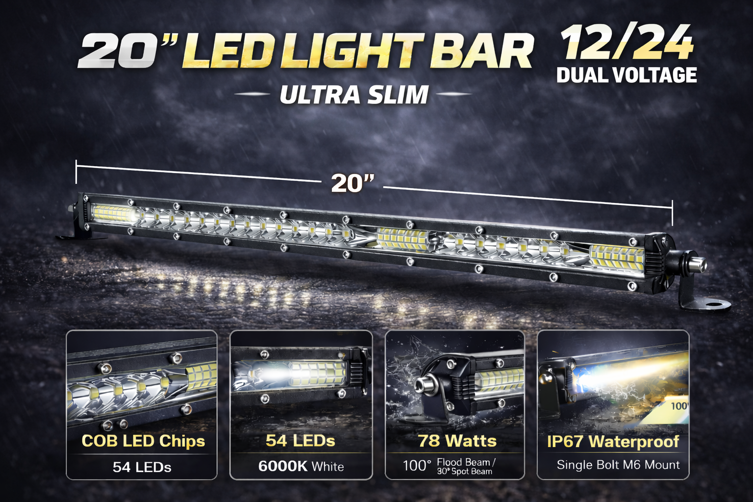 57.7cm 54 LED Light Bar 78W Ultra Slim – 12/24V Dual Voltage Combo Beam HAL494