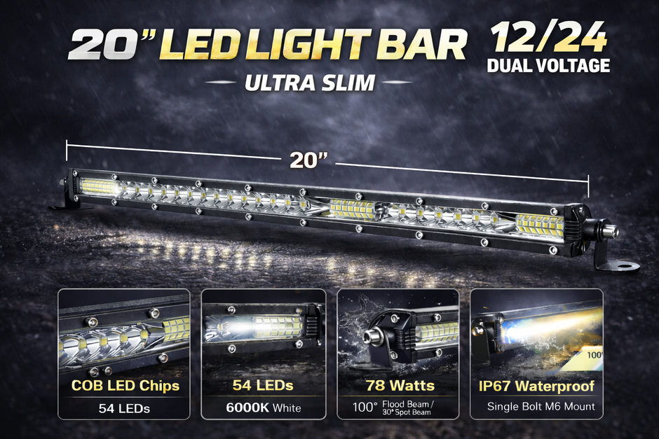 57.7cm 54 LED Light Bar 78W Ultra Slim – 12/24V Dual Voltage Combo Beam HAL494