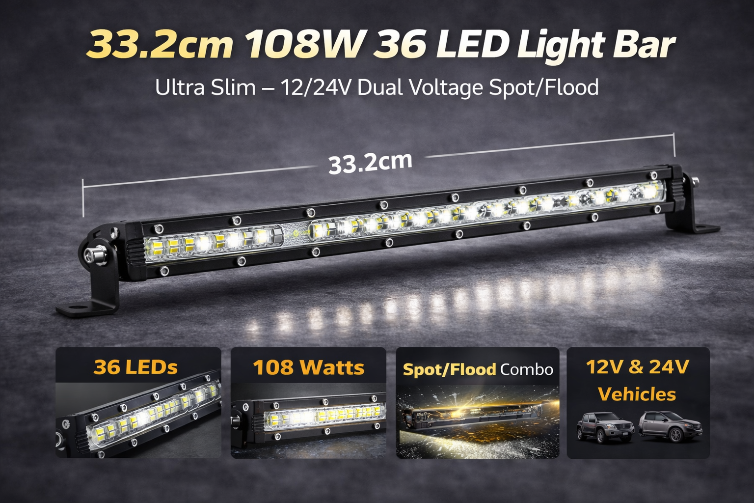 33.2cm 108W 36 LED Light Bar – Ultra Slim Single Row 12/24V Dual Voltage Spot/Flood HAL491