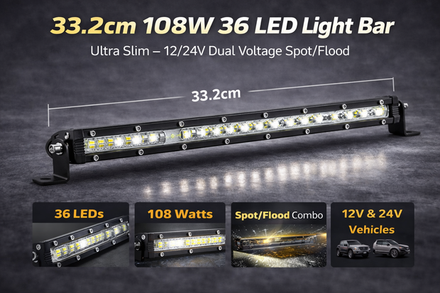 33.2cm 108W 36 LED Light Bar – Ultra Slim Single Row 12/24V Dual Voltage Spot/Flood HAL491