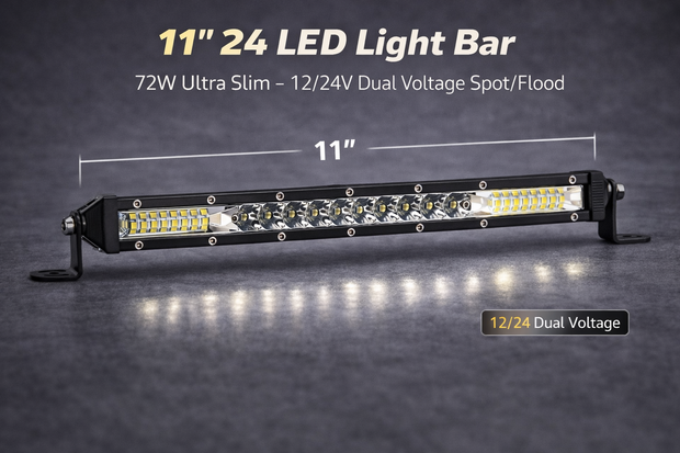 27.5cm 72W 24 LED Light Bar – Ultra Slim Single Row 12/24V Dual Voltage Spot/Flood HAL493