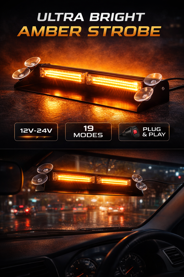 12V–24V Amber LED Emergency Strobe Light Bar with Stand – 19 Flash Modes, Plug & Play HAL282