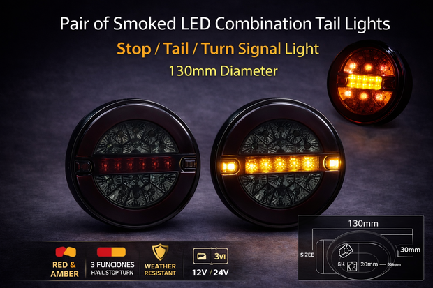 Smoked LED Hamburger Rear Light 130mm – Neon Stop / Tail / Dynamic Indicator 12V–24v