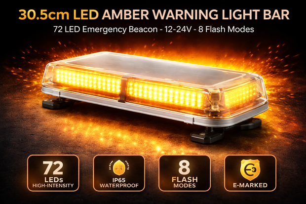 30.5cm LED Amber Warning Light Bar – 72 LED Emergency Beacon, 12-24V, 8 Flash Modes, E-Marked IP65 Waterproof