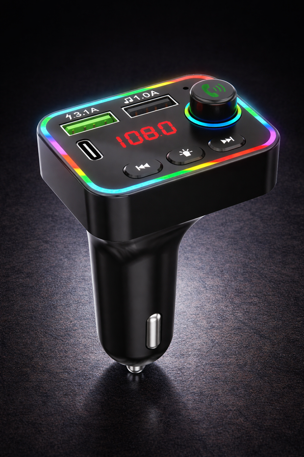 Bluetooth FM Transmitter HZ-BT-F4 – 12-24V Car Kit, Dual USB Charger 3.1A, RGB Backlight, Hands-Free Calling, 87.5–108MHz