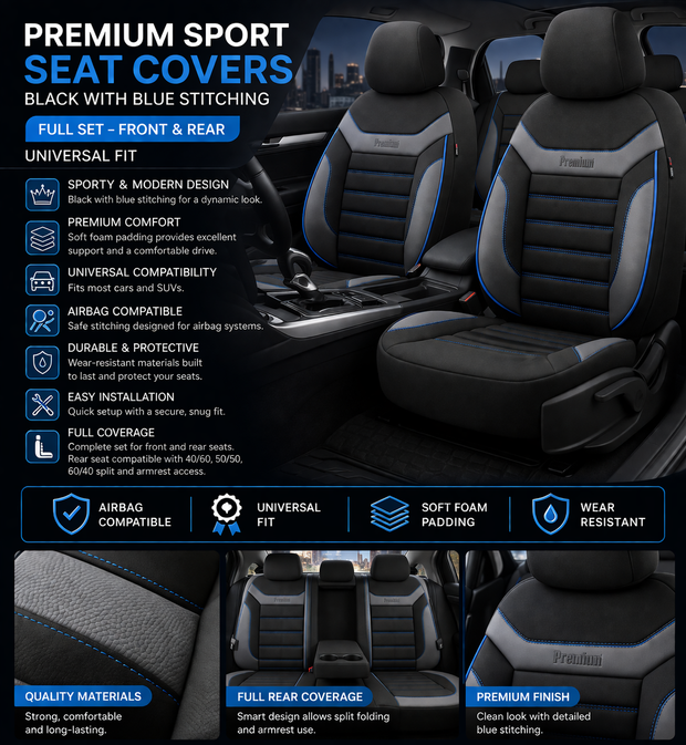 Premium Universal Seat Covers – Full Set Front & Rear – 7-Layer Comfort – Airbag Compatible black with blue stitch