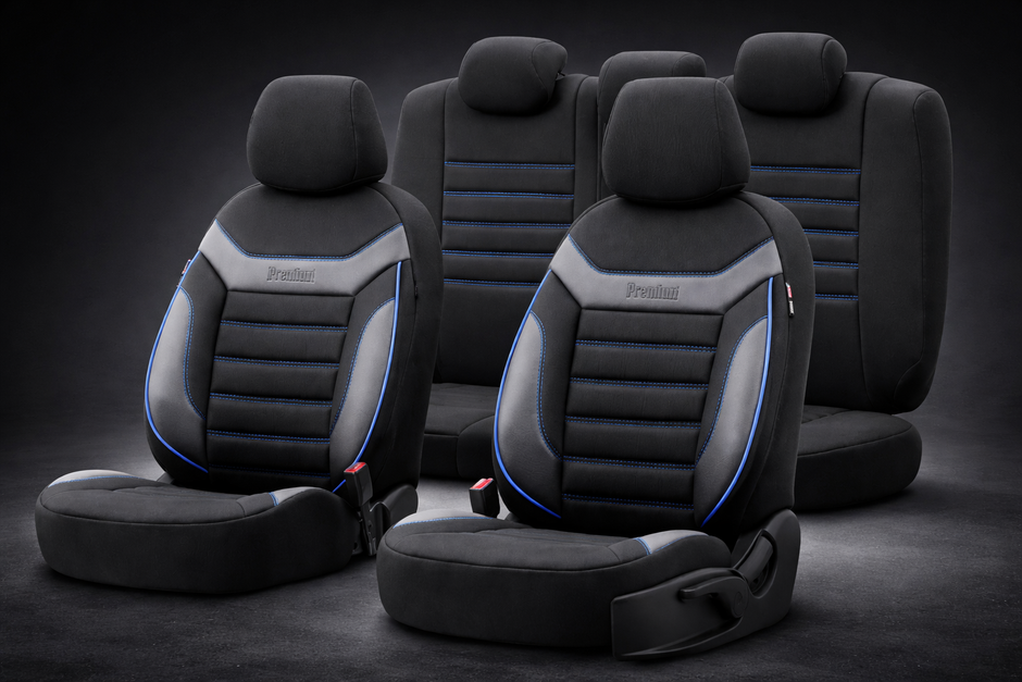 Premium Universal Seat Covers – Full Set Front & Rear – 7-Layer Comfort – Airbag Compatible black with blue stitch