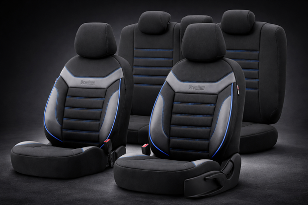 Premium Universal Seat Covers – Full Set Front & Rear – 7-Layer Comfort – Airbag Compatible black with blue stitch