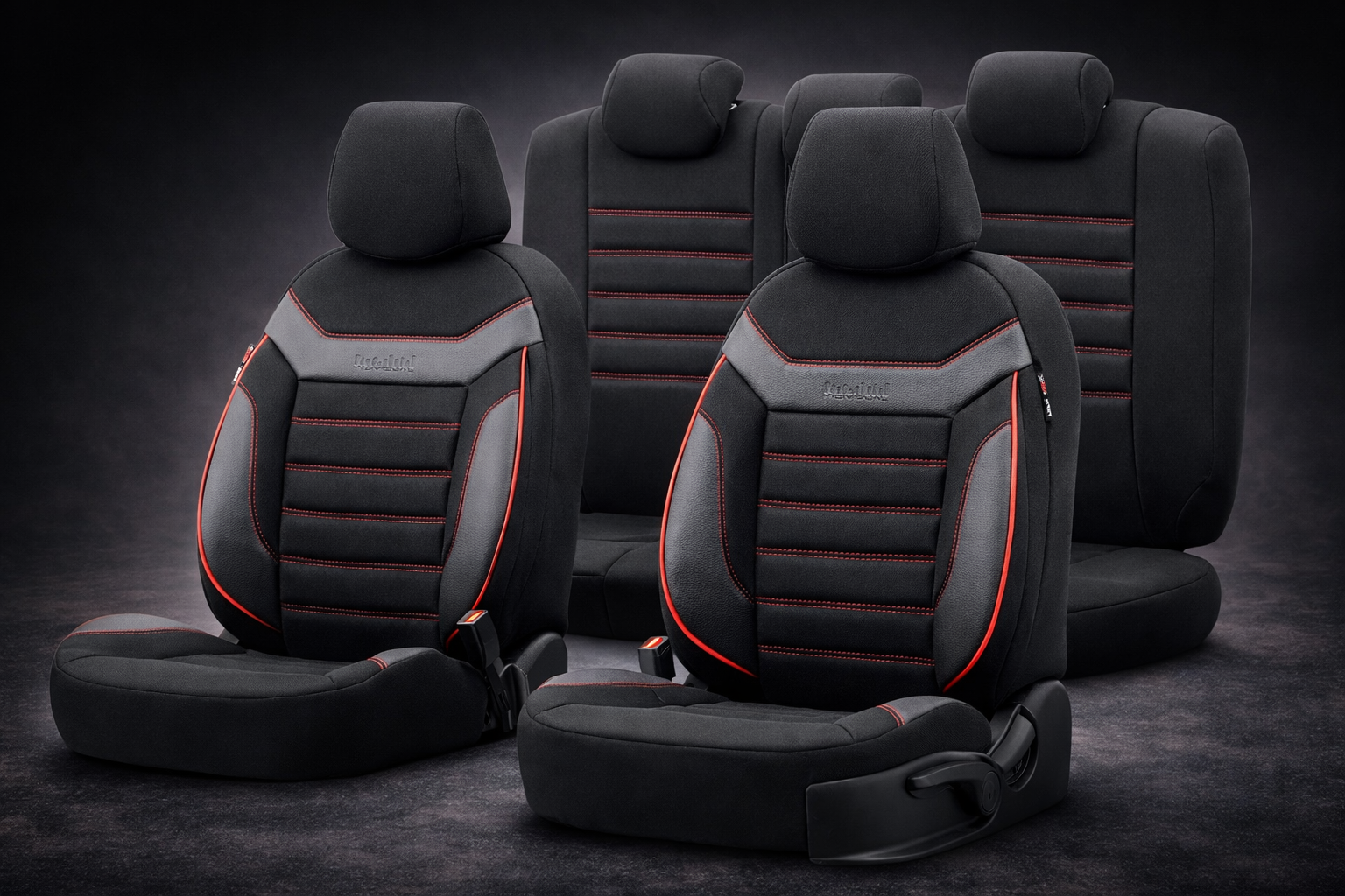 Premium Universal Seat Covers – Full Set Front & Rear – 7-Layer Comfort – Airbag Compatible black with red stitch