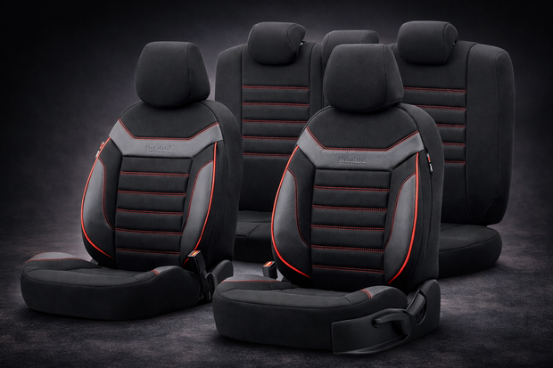 Premium Universal Seat Covers – Full Set Front & Rear – 7-Layer Comfort – Airbag Compatible black with red stitch