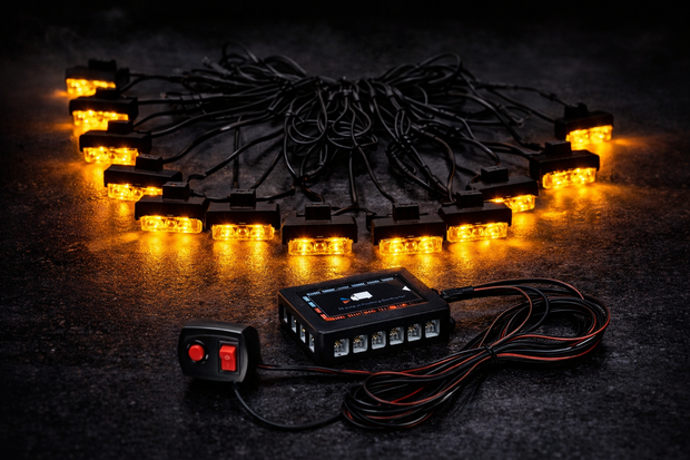 16 Piece LED Amber Strobe Light Kit with Controller – Emergency Flashing Lights 12V Universal Fit
