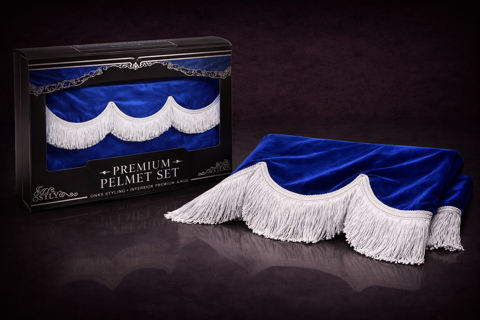 PELMET ALCANTARA new BLUE with 8cm white fringes & Velcro